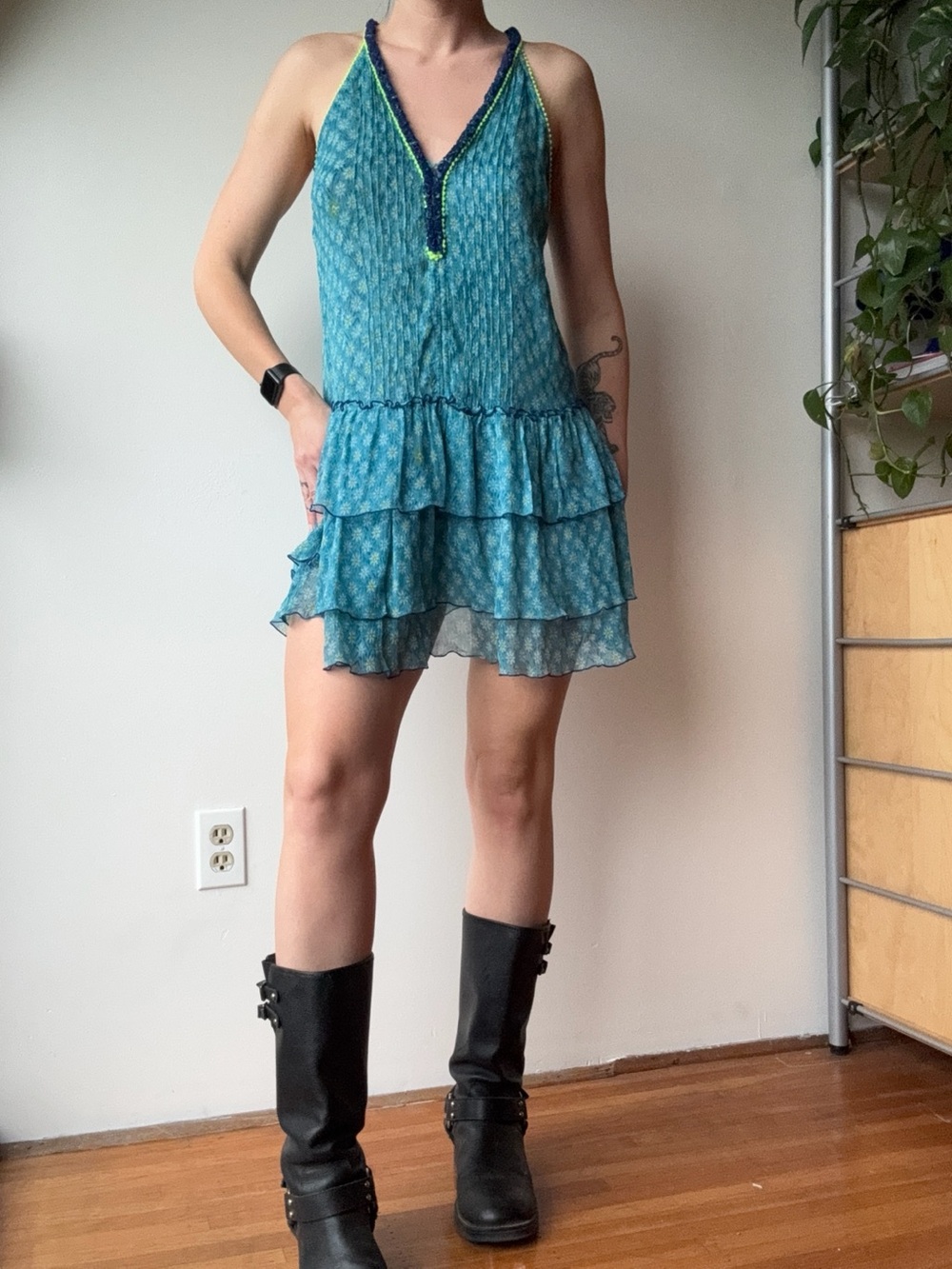 Poupette St. Barth Turquoise Blue Floral Silk Mini Dress - size S